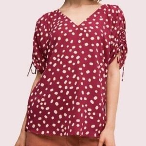 Kate Spade Women Mallow Dot Ruched  NT Polka Dot V neck Blouse sz S